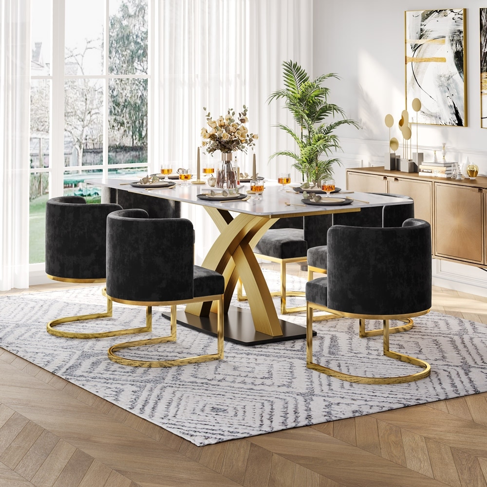 Moasis Velvet Upholstered Dining Chair with C shaped Gold Metal Legs (Set of 2)