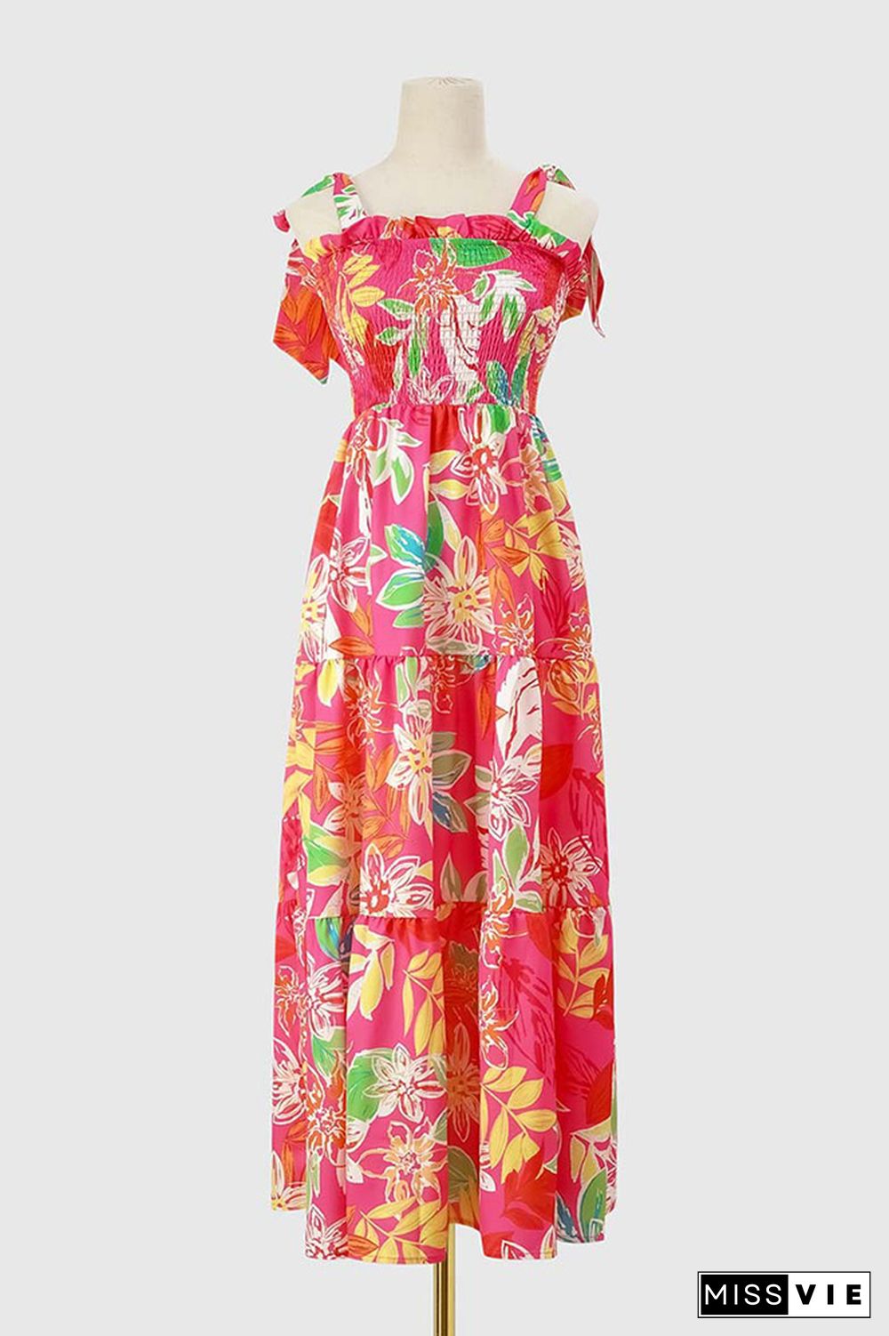 Smocked Tie Strap Tiered Floral Maxi Dress