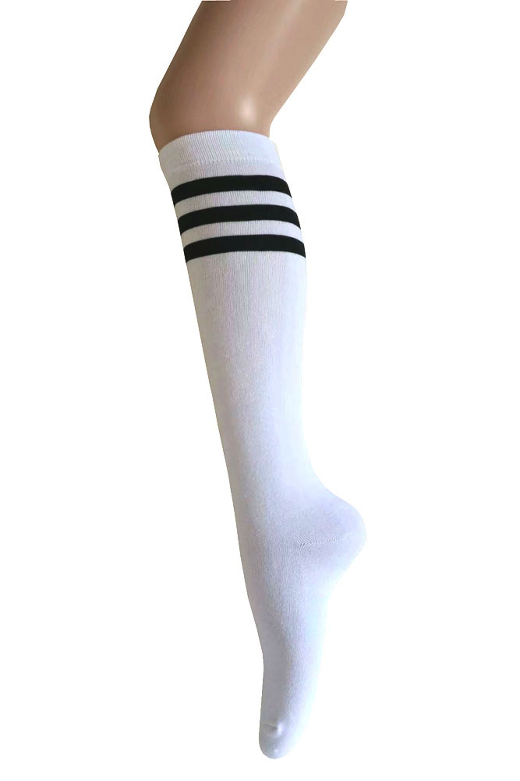 Women and Girls Roller Skate Retro Triple Stripes Tube Knee High Socks In Black with Orange Color