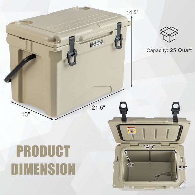 Costway 25 Qt Portable Cooler Rotomolded Ice Chest Insulated Ice Box For 5 7 Days Charcoal tan