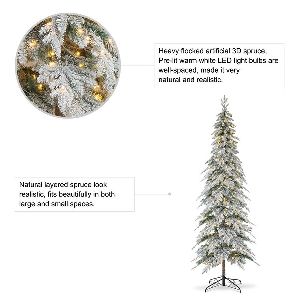 Glitzhome PreLit Flocked Pencil Spruce Artificial Christmas Tree with Warm White Lights