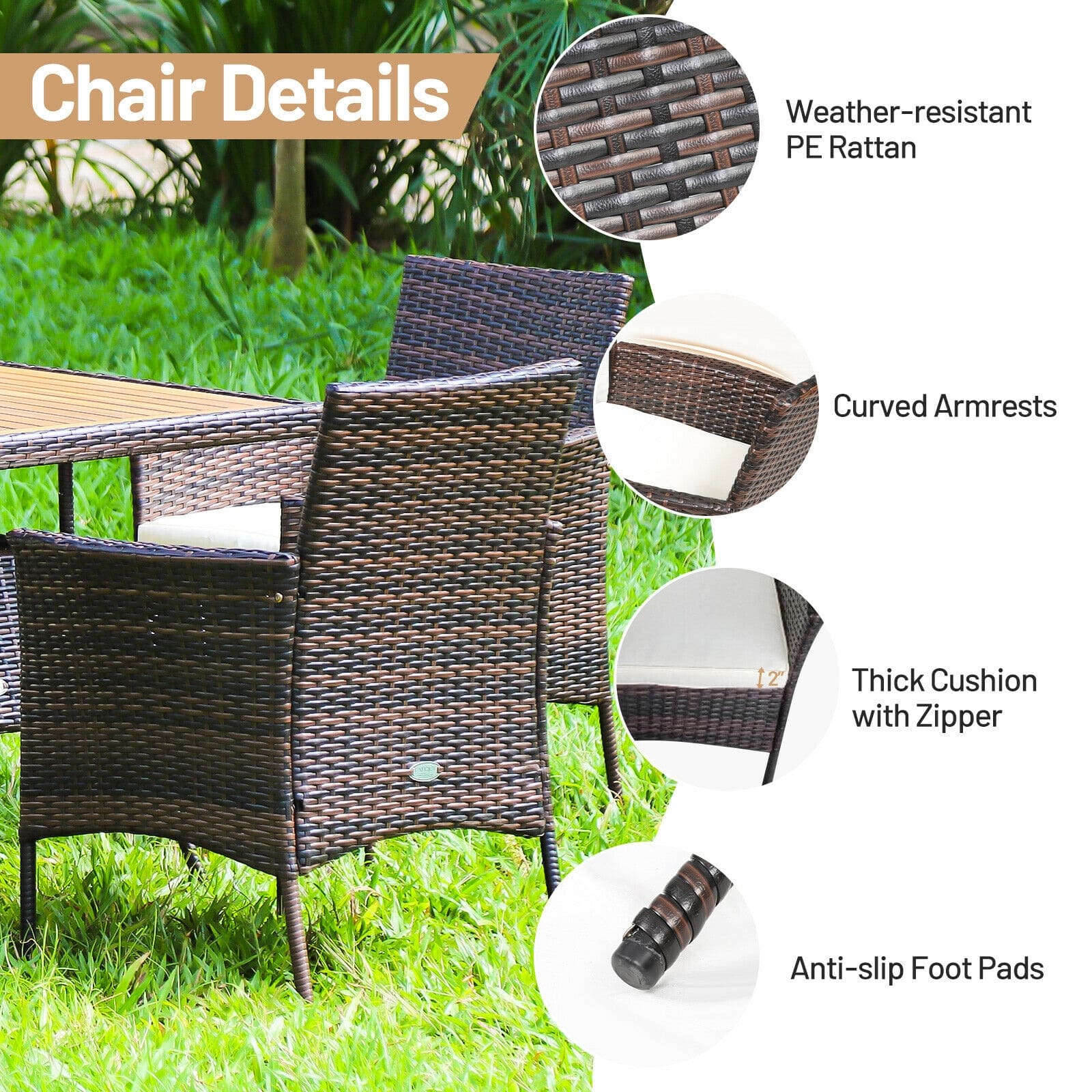 5 Pcs Rattan Patio Dining Table Set with Umbrella Hole, Acacia Wood Tabletop & 4 Cushioned Armchairs