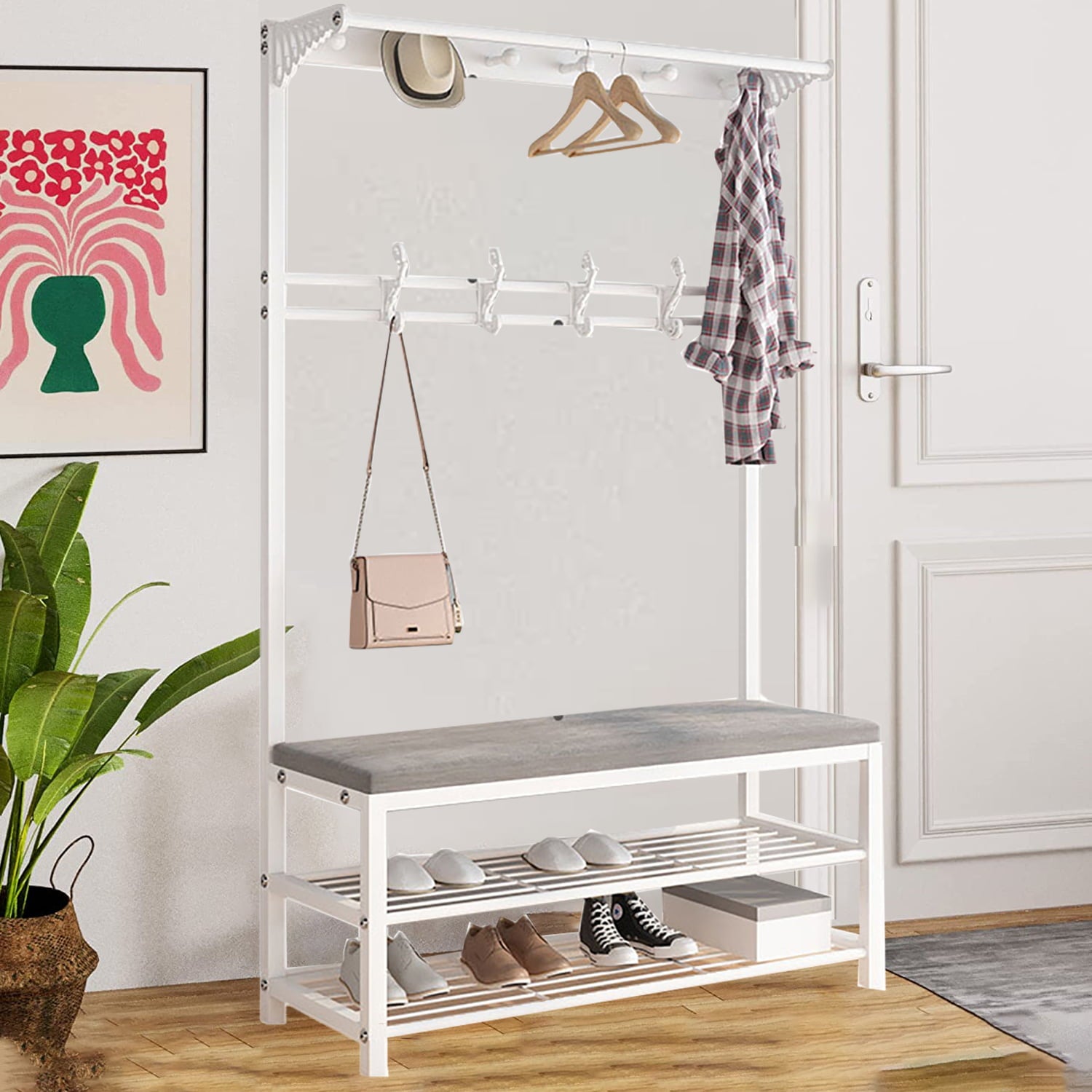 Entryway Coat Rack with Shoe Storage Bench Metal Hall Tree with 2 Shoe Shelves Hall Tree with Clothes Hooks，White