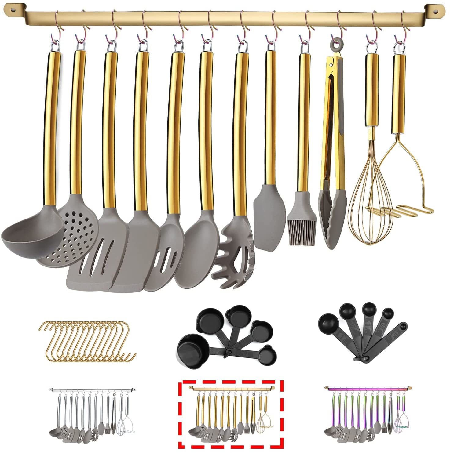 Just Houseware 38 Piece Silicone kitchen Cooking Utensils Set with Utensil Rack, Silicone Head and Stainless Steel Handle Cookware, Kitchen Tools for Utensil Sets, Non-Stick kitchen Gadgets (Gold)