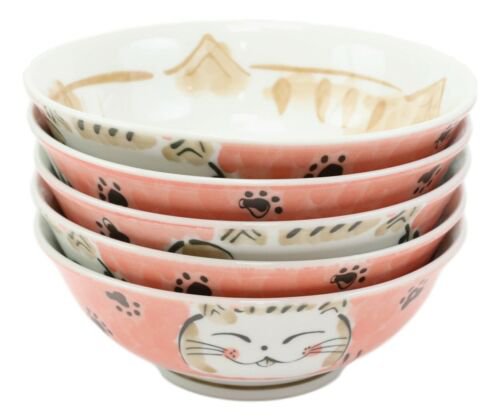 1 Pink Lucky Cat Maneki Neko 32oz Soup Pasta Cereal Bowls Set of 5 EBR02