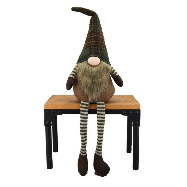 Sitting Gnome With Long Legs Wearing A Green Plaid Hat Figurine