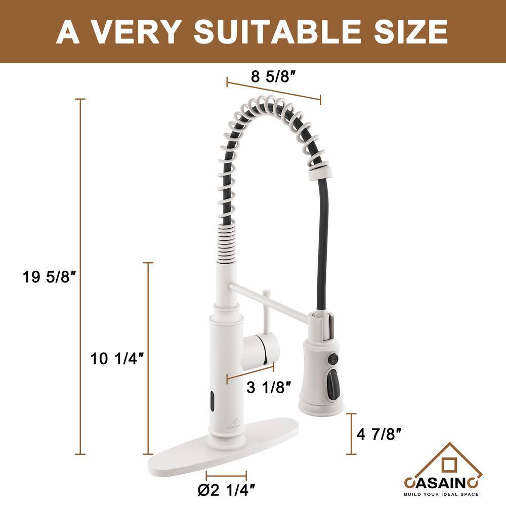 CASAINC Single Handle Spring Pull Down Sprayer Kitchen Faucet with Infrared Induction Function and Deck Plate in Matte White CA-W3052-MW