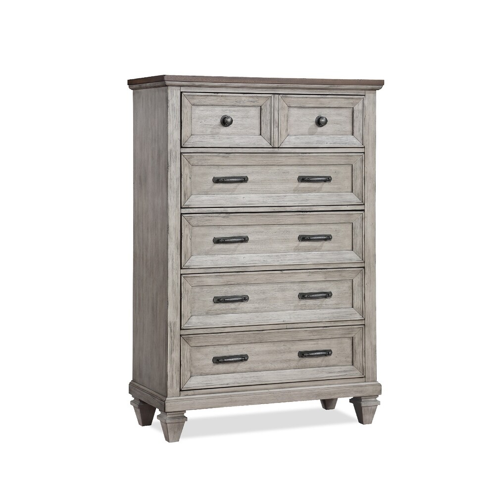 Wooden Chest with 5 Drawers and Molded Trim  Cream and Brown