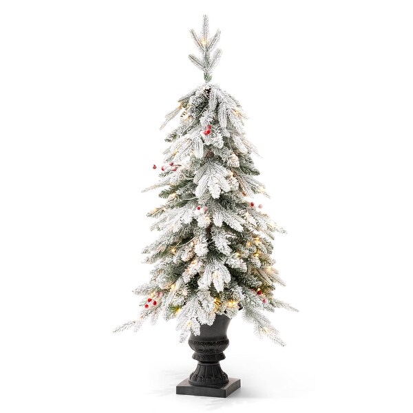 Glitzhome 4FT/5FT PreLit Flocked Fir Artificial Christmas Potted Porch Trees