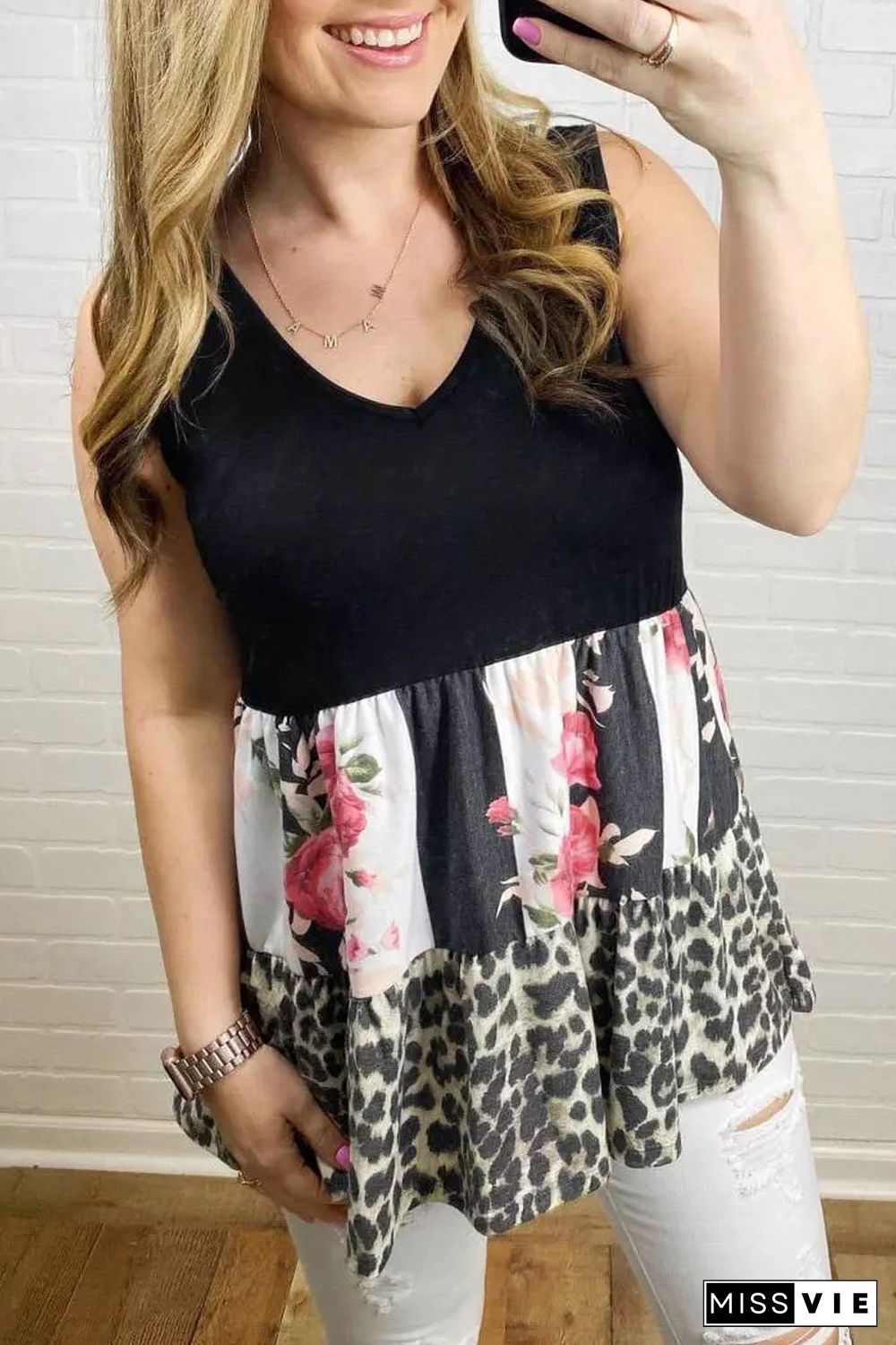 Leopard Floral Color Block V Neck Tank Top