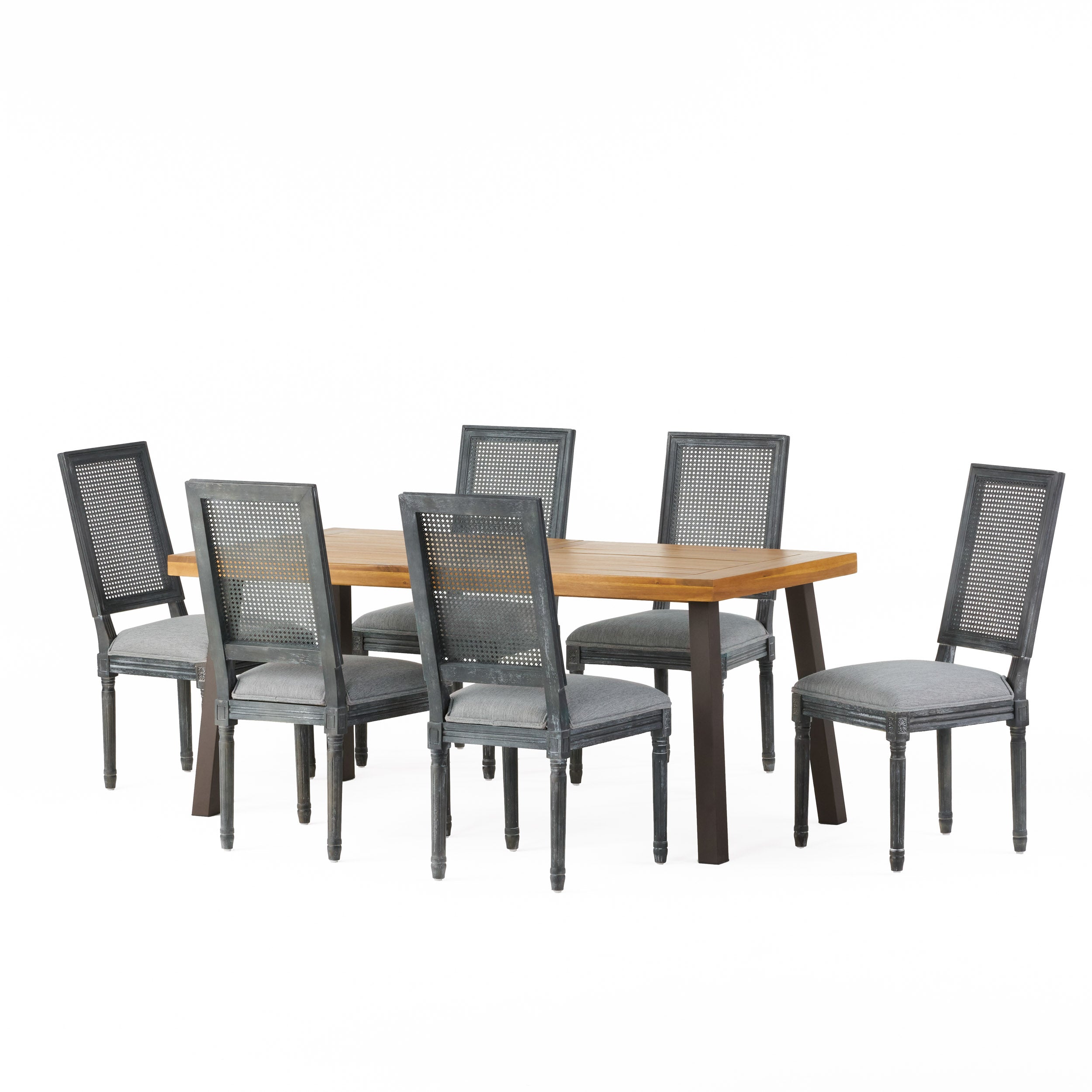 Whitten Farmhouse Fabric Upholstered Wood and Cane 7 Piece Dining Set