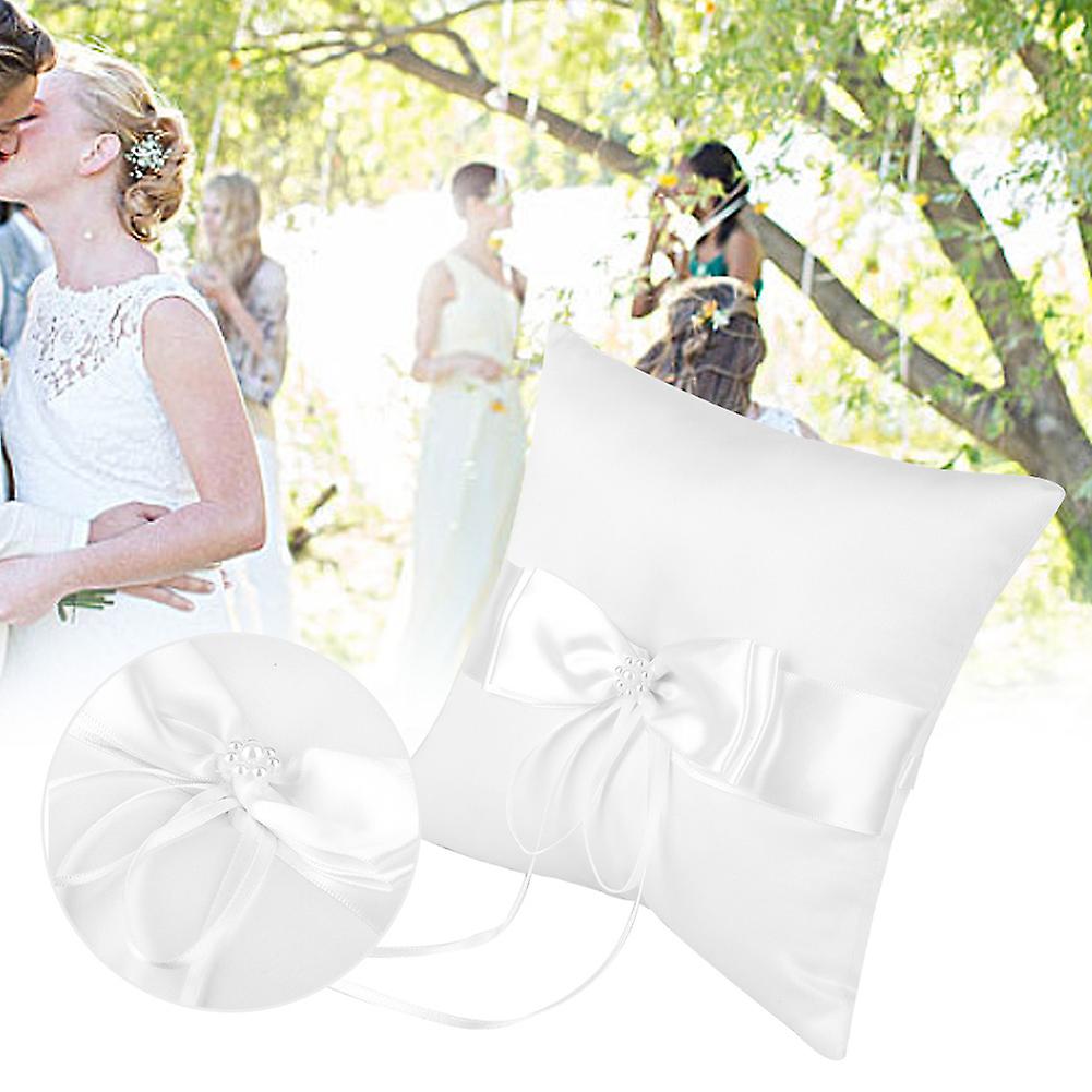 White Satin Bowknot Ring Bearer Pillow Holder Wedding Ring Pillow With Simulation Pearl 20*20cm