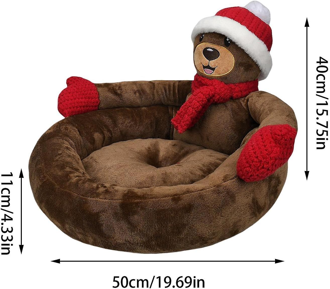 Christmas Dog Bed， Warm Pet Bed， Dark Brown Bear Kennel Cushion With Non-slip Base， A Cozy Winter Retreat For Your Cats And Small Dogs，m