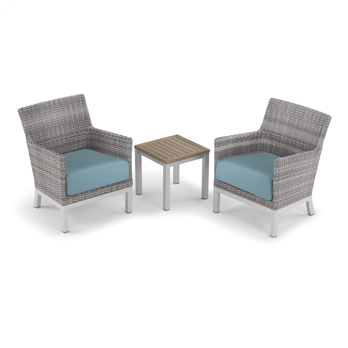 Argento 3 Piece Wicker Patio Conversation Set W/ Tekwood Vintage End Table and Ice Blue Cushions By Oxford Garden