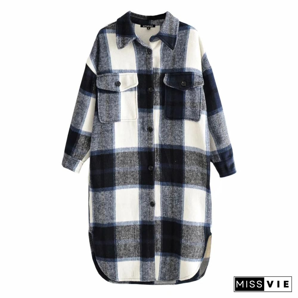 New Autumn Winter Women Casual Loose Blue Plaid Jacket  Warm Overcoat Fashion Long Coats