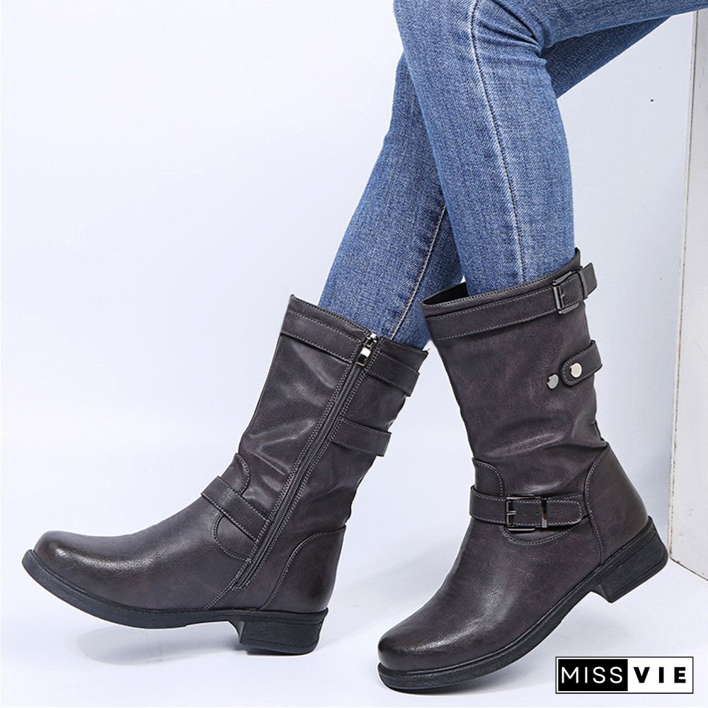 Women's Casual Solid Color Round Toe Low Heel Mid-barrel Boots