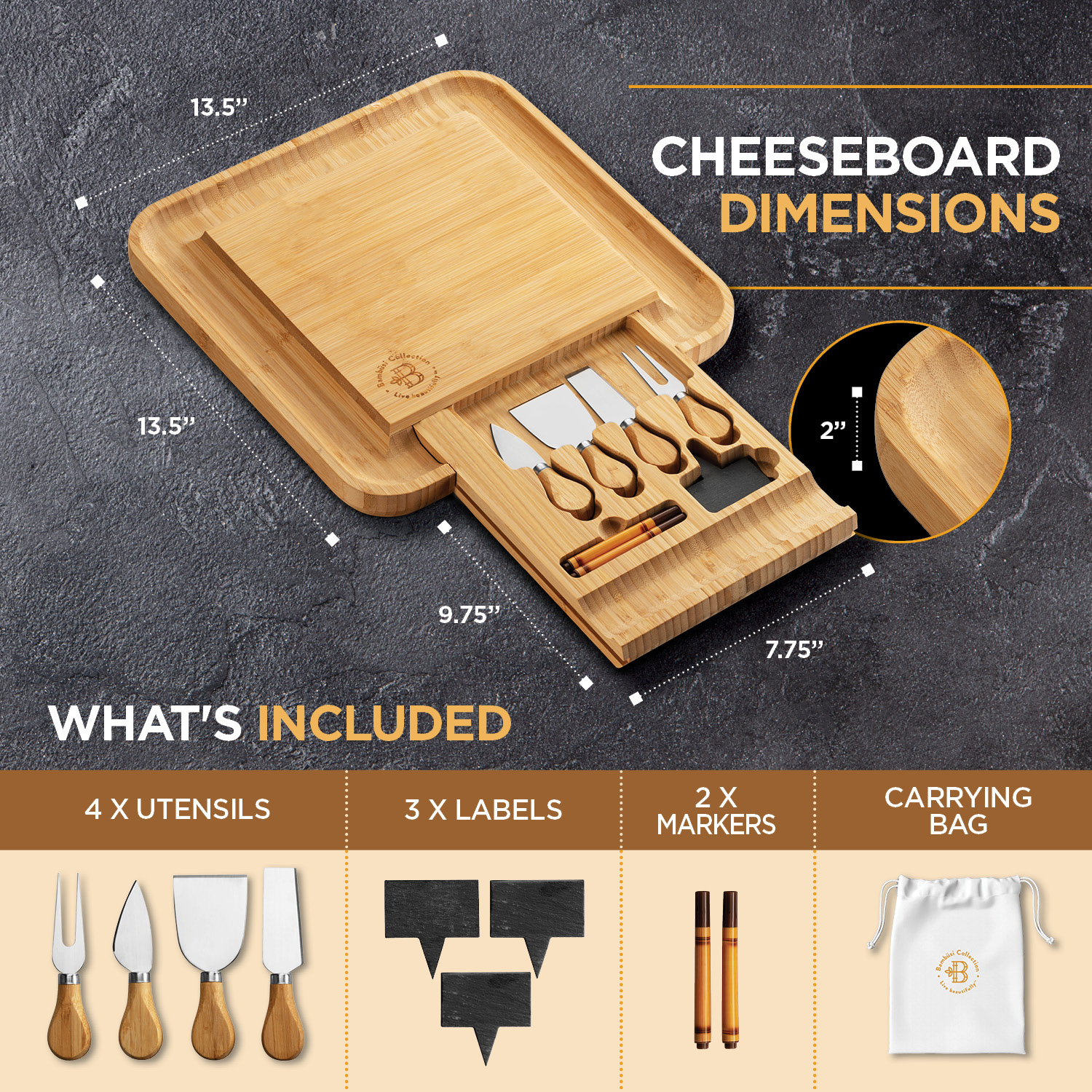 Bamboo Cheese Board with Cutlery Set，， Includes 4 Stainless Steel Serving Utensils， 3 Labels and 2 Chalk Markers