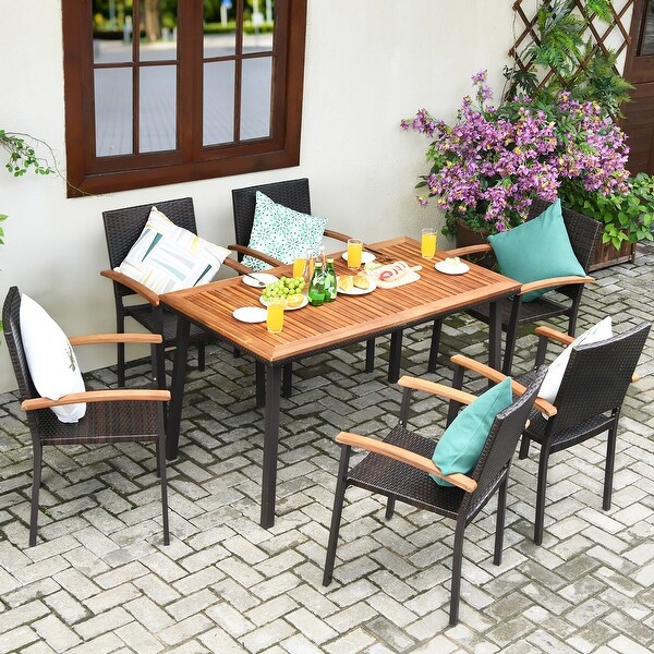 Costway 7 PCS Patio Rattan Dining Set Acacia Wood Table Top Stackable