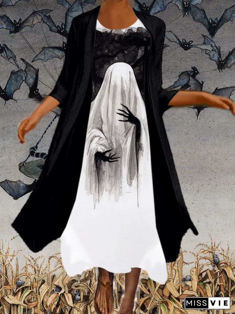 Women's Casual Ghost Art Print Two-Piece Dress