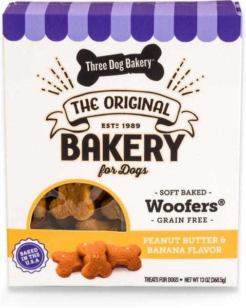 Three Dog Bakery Soft Baked Woofers Grain-Free Peanut Butter and Banana Flavor Dog Treats