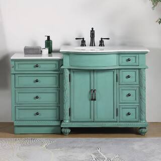 Silkroad Exclusive 55.5 in. W x 22 in. D x 36 in. H Freestanding Bath Vanity in Vintage Green with Carrara White Marble Top V0213NW56L