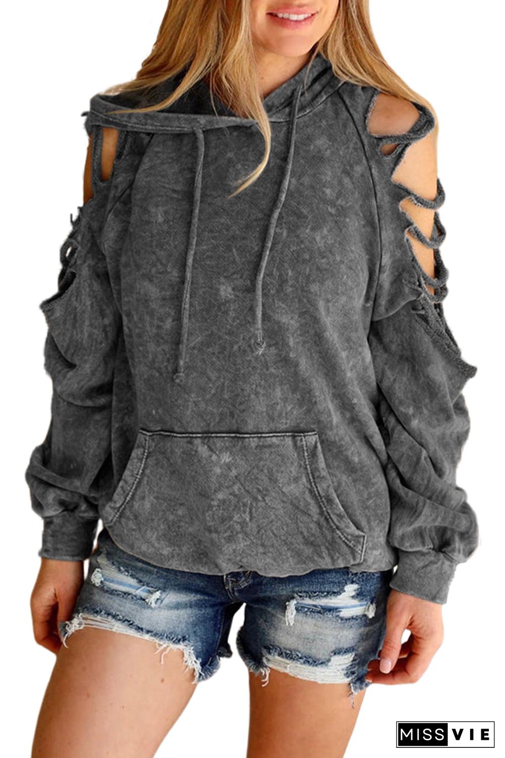 Gray Cut Out Retro Kangaroo Pocketed Pullover Hoodie