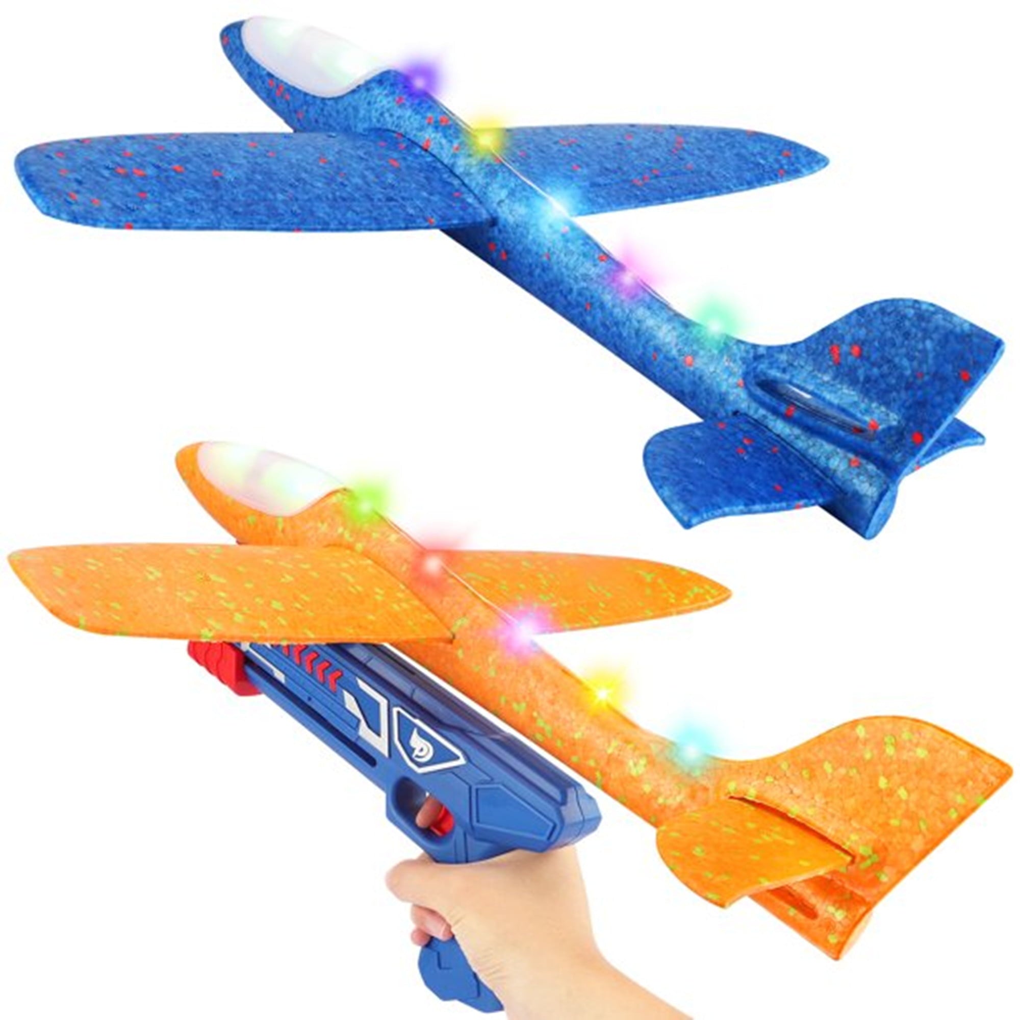 Growsly 2 Pack Flying Airplane Toys with Launcher， LED Light Foam Glider Planes for 3-10 Years Old Kids， Blue and Yellow