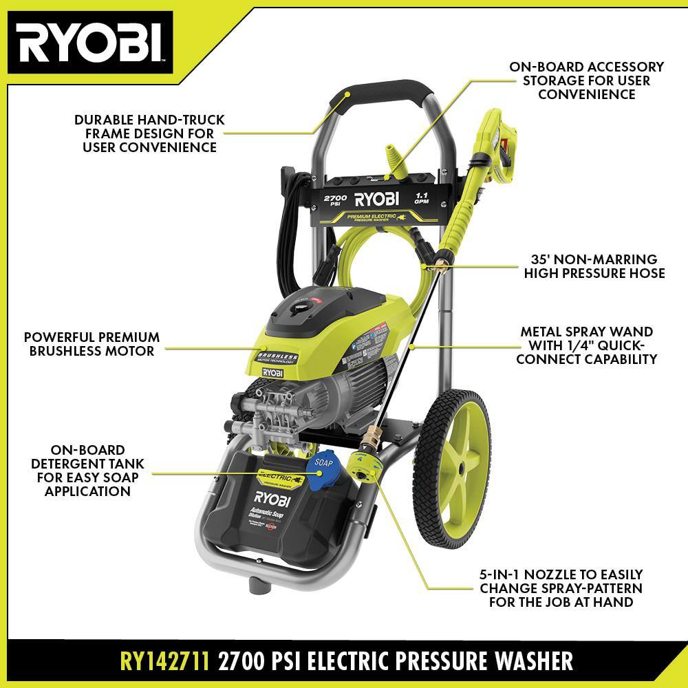 RYOBI 2700 PSI 1.1 GPM Cold Water Corded Electric Pressure Washer RY142711