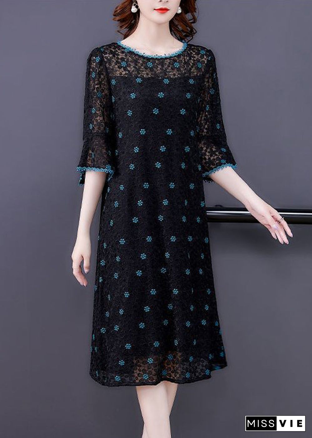 Handmade Black Embroideried Hollow Out Silk Maxi Dresses Flare Sleeve