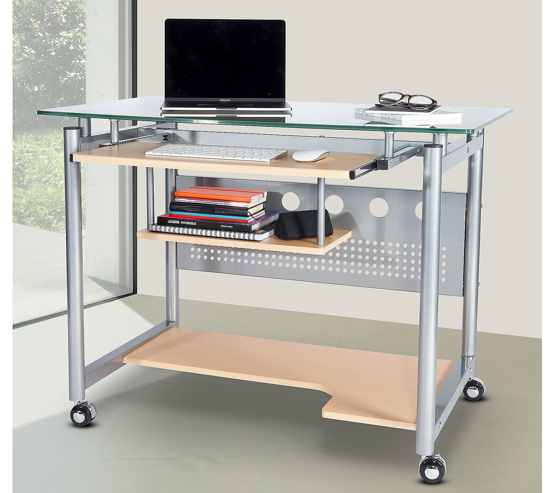 Techni Mobili Rolling Computer Desk W Glass Top Steel Frame