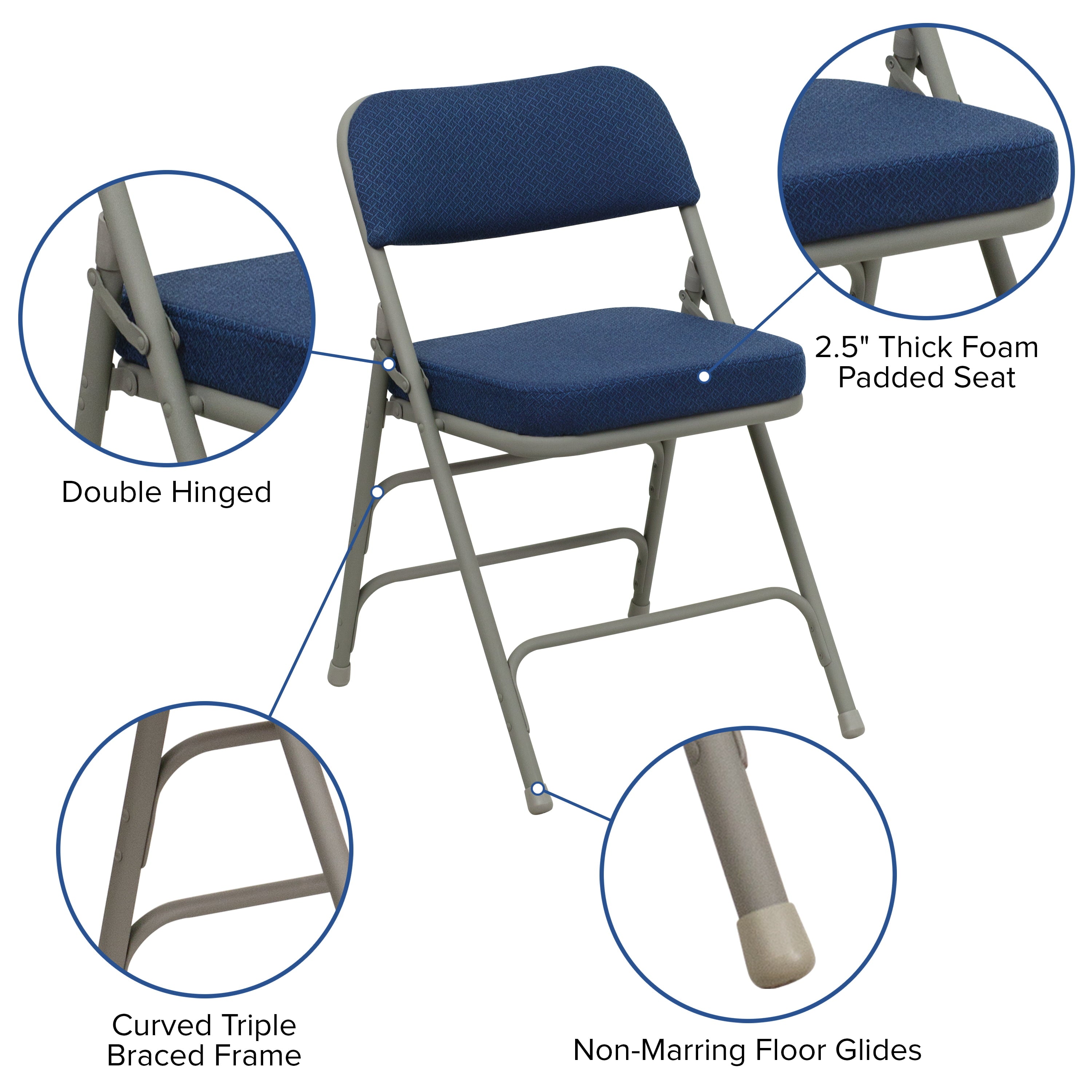 Hercules Hinged Fabric Padded Folding Chair - 4-Pack, Navy Blue