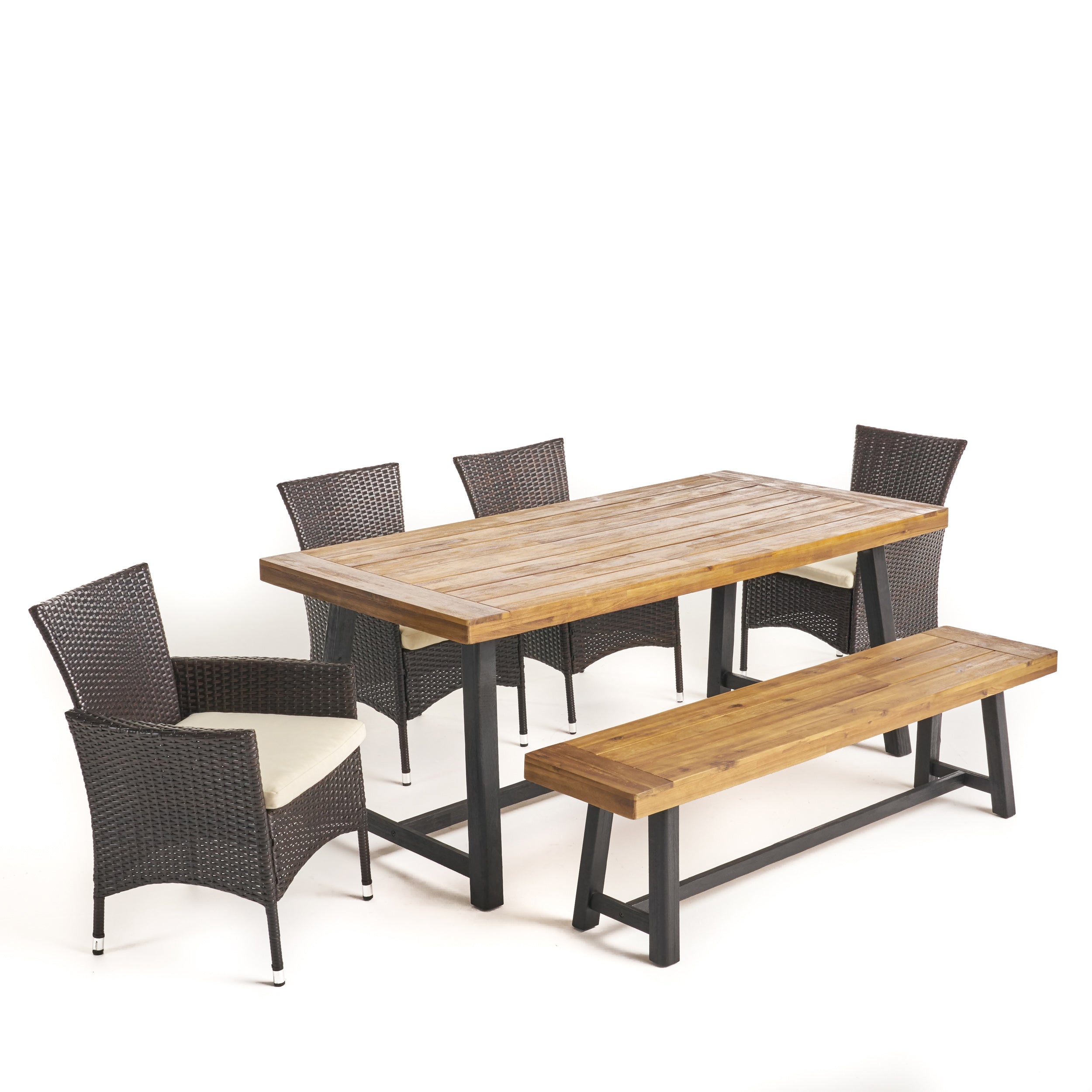 Jack Outdoor 6 Piece Dining Set with Stacking Wicker Chairs and Bench, Sandblast Teak and Black and Multi Brown