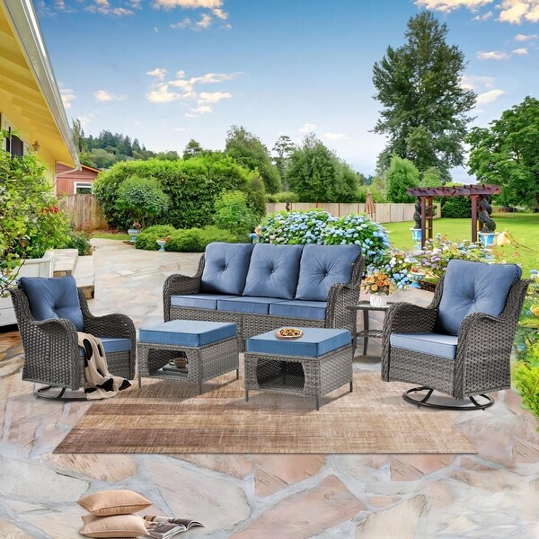 Wicker Patio Furniture Conversation Set with High Back Swivel Chairs and Storage Ottomans，Cushions Included🎃