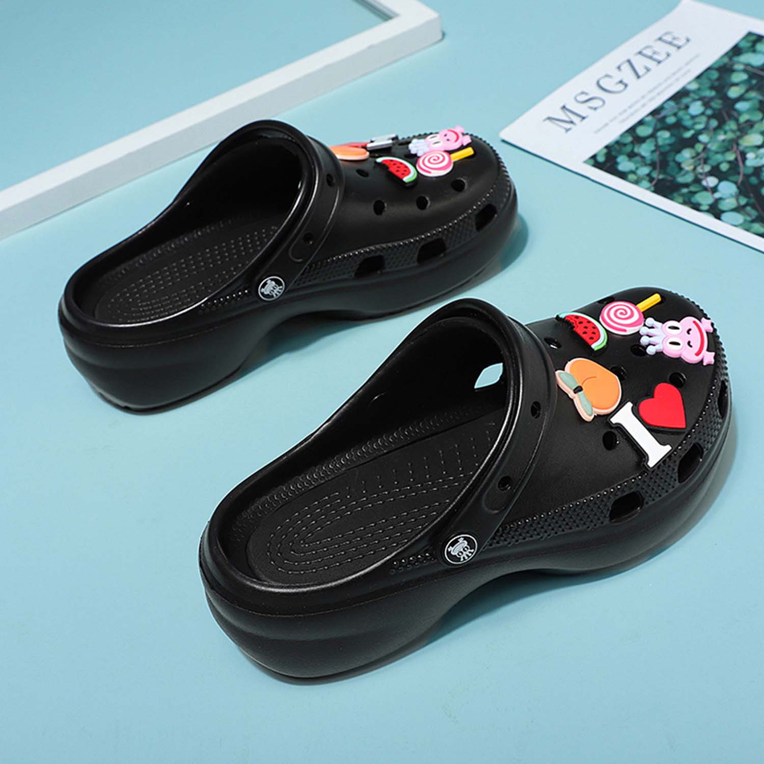 Platform Clogs Gardener Shoes Garden Clog Slippers for Women Platform Slides Hight Heels Mules Comfortable Breathable Lightweight Slip on Wedge Sandals Slides Slippers with Charms 2 in Black 41