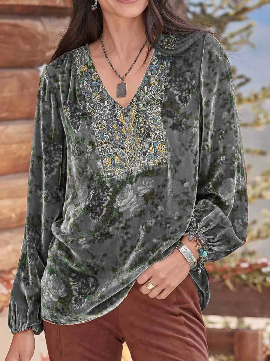 Casual Ethnic Floral Velvet Warm V-Neck Long Sleeve Blouse