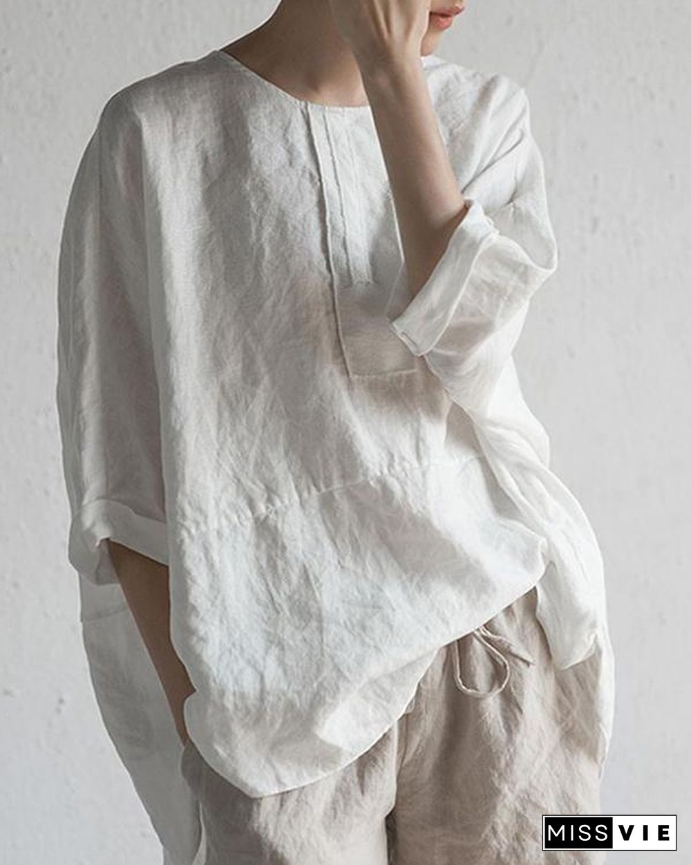 Women O-Neck Half Sleeve Solid Loose Plus Size Casual Linen Tops