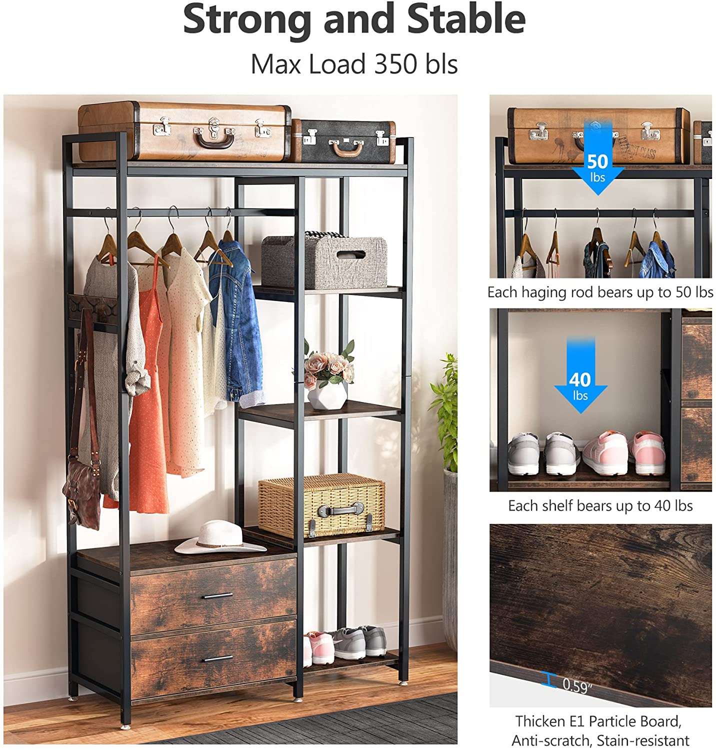 Freestanding Closet Organizer, Garment Rack with 2 Fabric Drawers