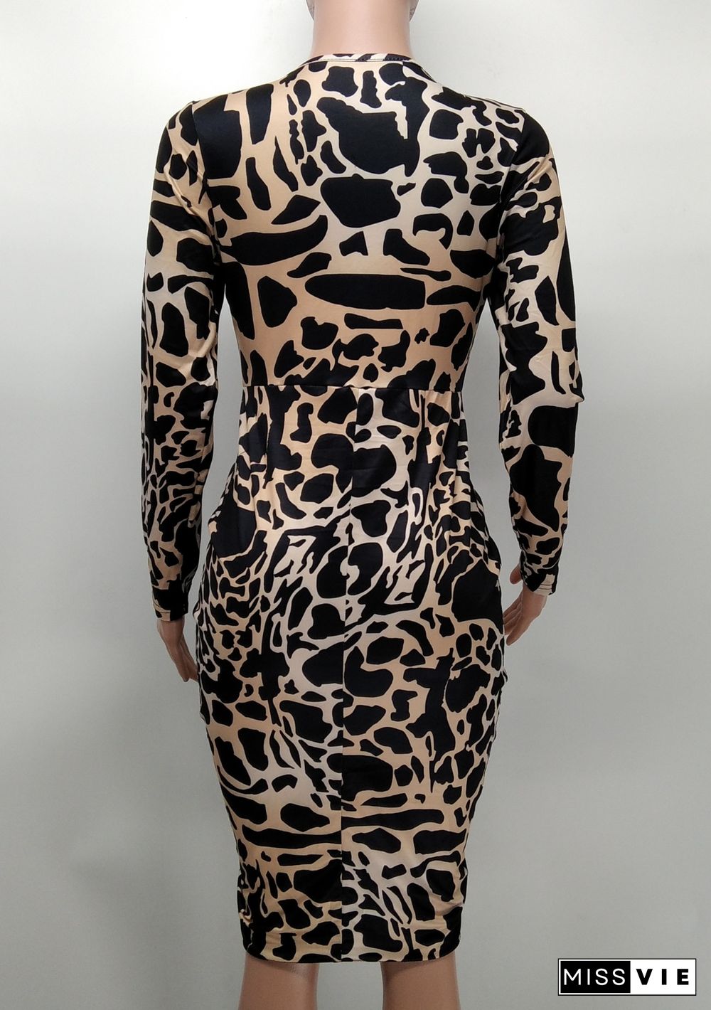 Leopard Print Long Sleeve Slim Fit Ruched Dresses