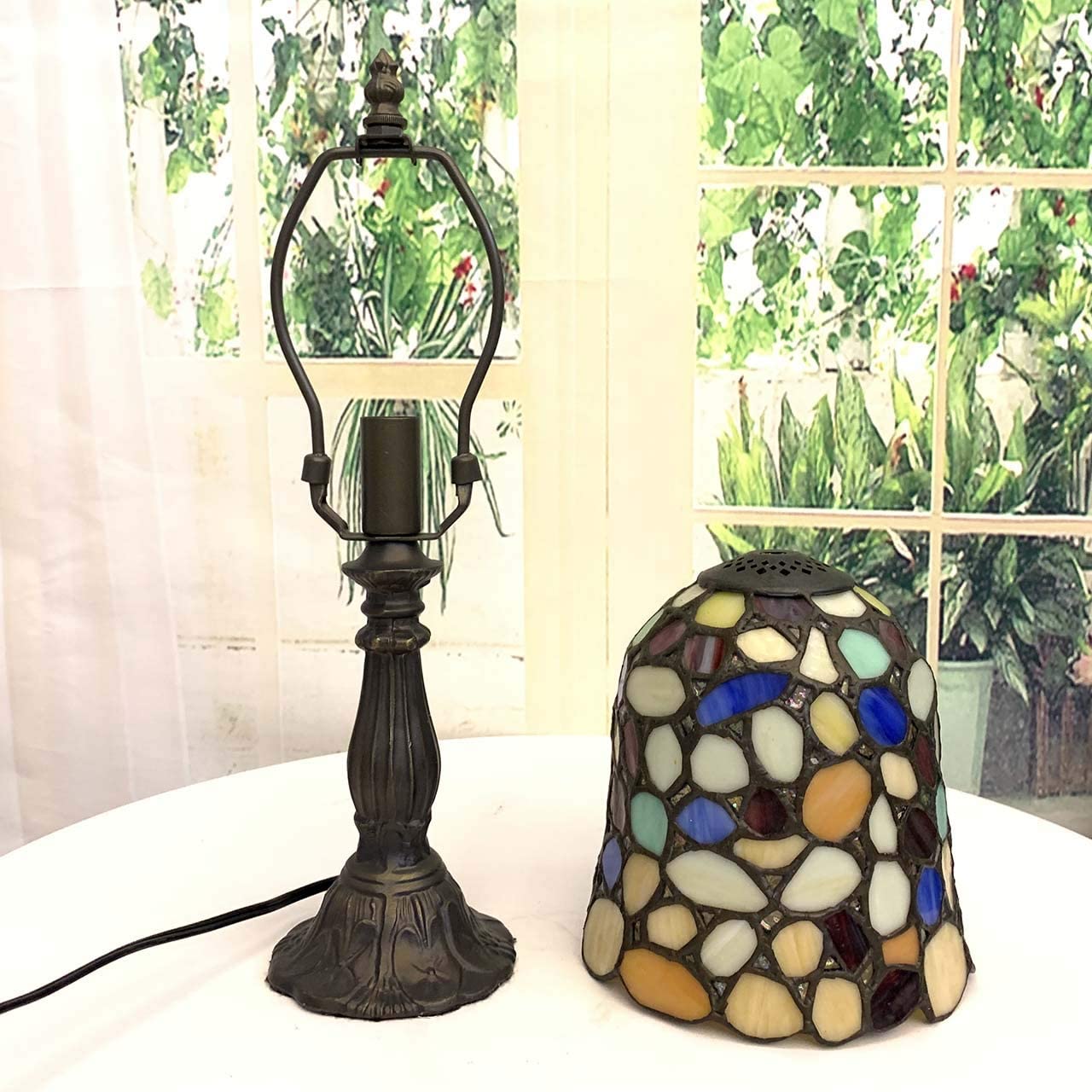 SHADY L10729 Colored Cobblestone Tiffany Style Stained Glass Table Lamp with 6-inch Wide Lampshade  Multi-Colored  15 inch Tall