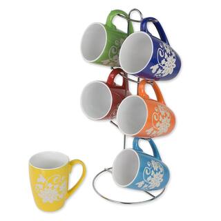 Home Basics 6 Piece Floral Mug Set with Stand Multi-Color HDC50676