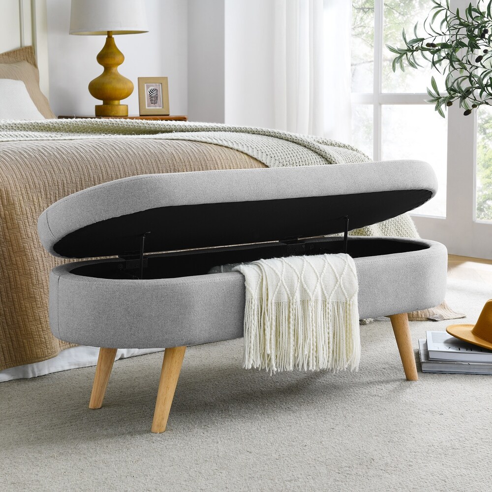 Storage Ottoman Bench Linen Upholstered Legs Flip Top Oval Foot Rest Long Stool for Sofa Couch Bedroom End of Bed Entryway