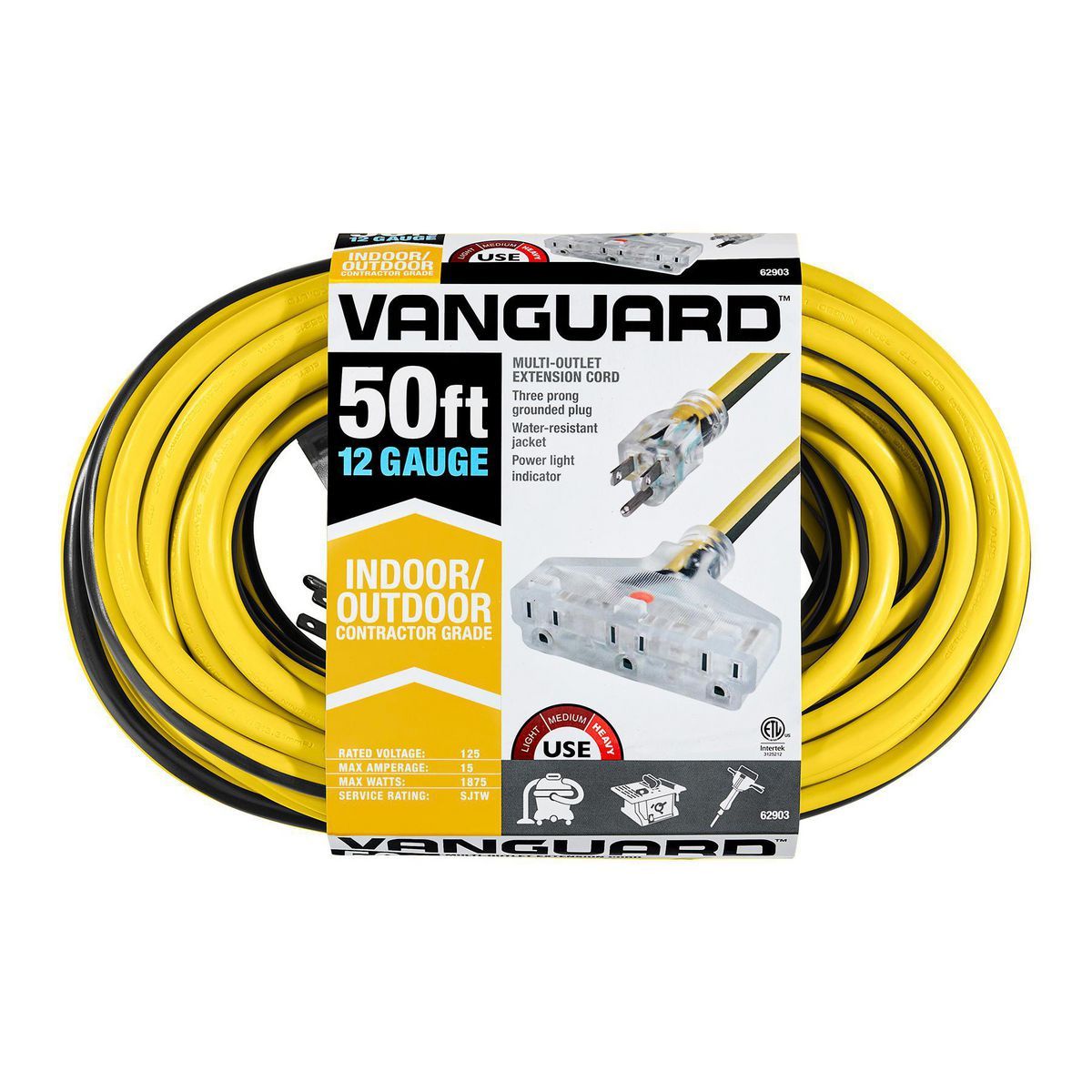 50 ft. x 12/3 Gauge Multiple Outlet Extension Cord with Indicator Light， Yellow/Black