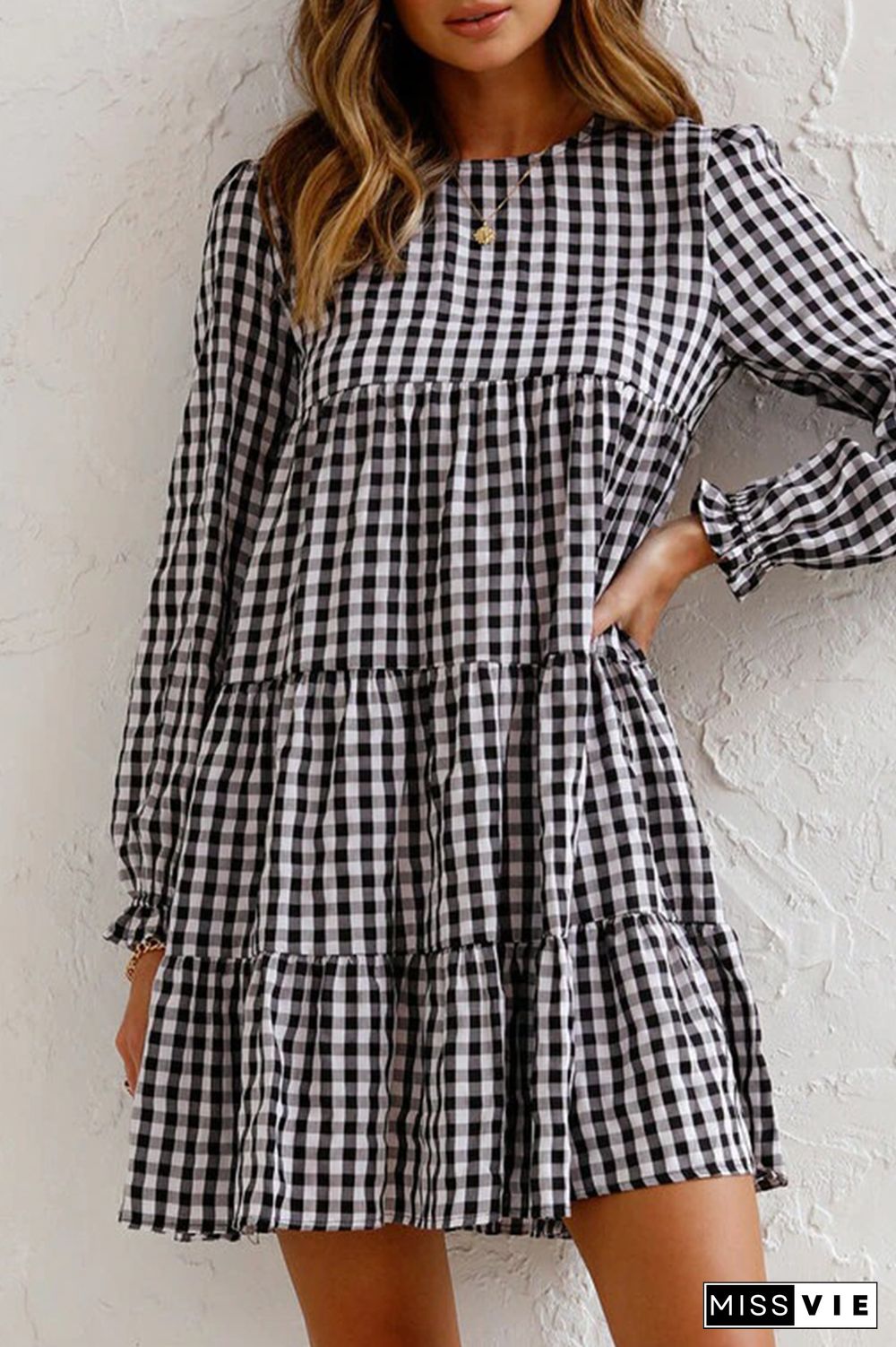 Casual Plaid Split Joint O Neck Cake Skirt Dresses