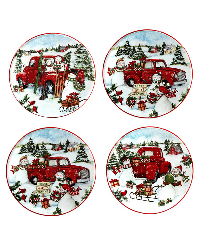 Certified International Red Truck Snowman 4 Piece Canape Plate Set