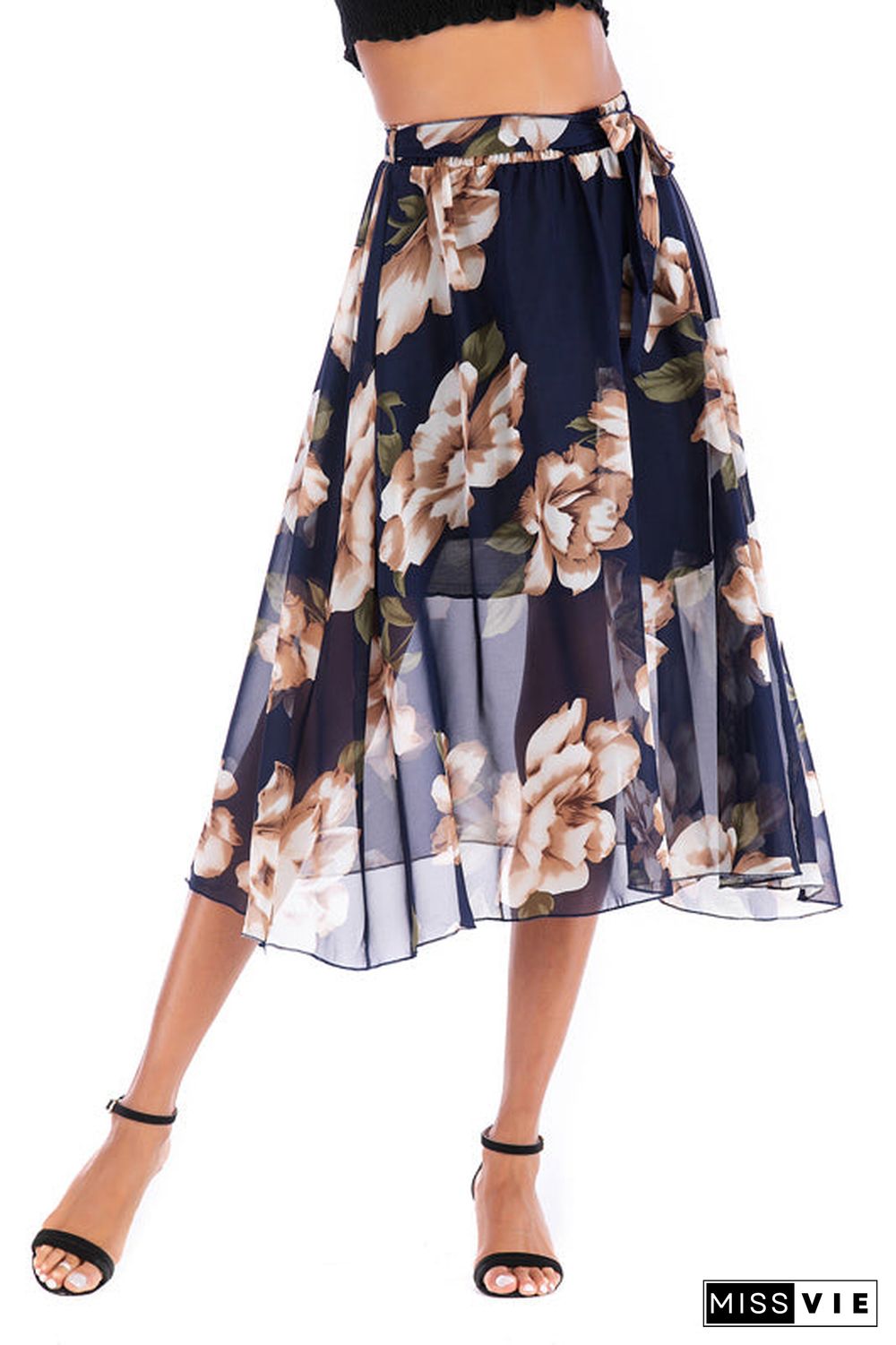 Elastic Waist Blue Floral Print Chiffon Skirt