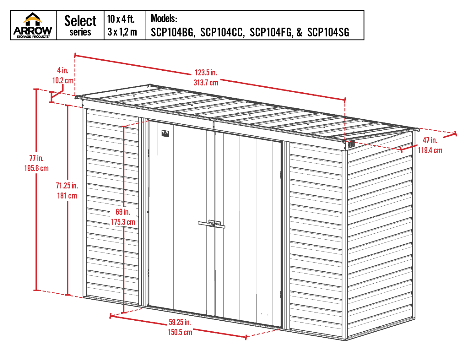 Arrow Select Steel Storage Shed, 10x4 ft, Pent Roof, Charcoal