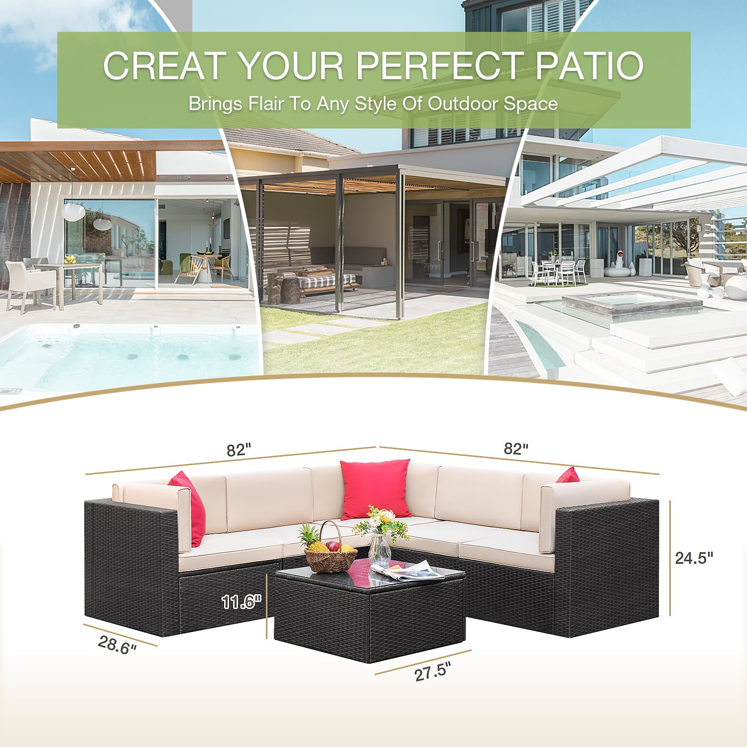 Devoko 6 Pieces Patio Furniture Set Outdoor Sectional Sofa, Beige, Wicker, Rattan, Steel