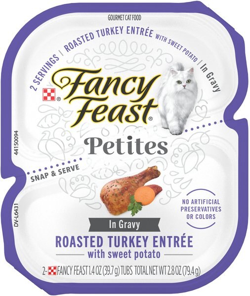 Purina Fancy Feast Gourmet Gravy Wet Cat Food， Petites Turkey and Sweet Potato Entree， 2.8-oz tub， case of 12， 12 count