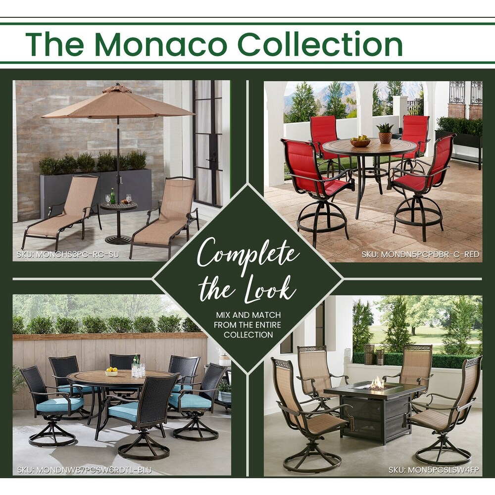 Hanover Monaco 7 Piece High Dining Set in Blue with 6 Padded Counter Height Swivel Chairs and a 56 In. Tile Top Table