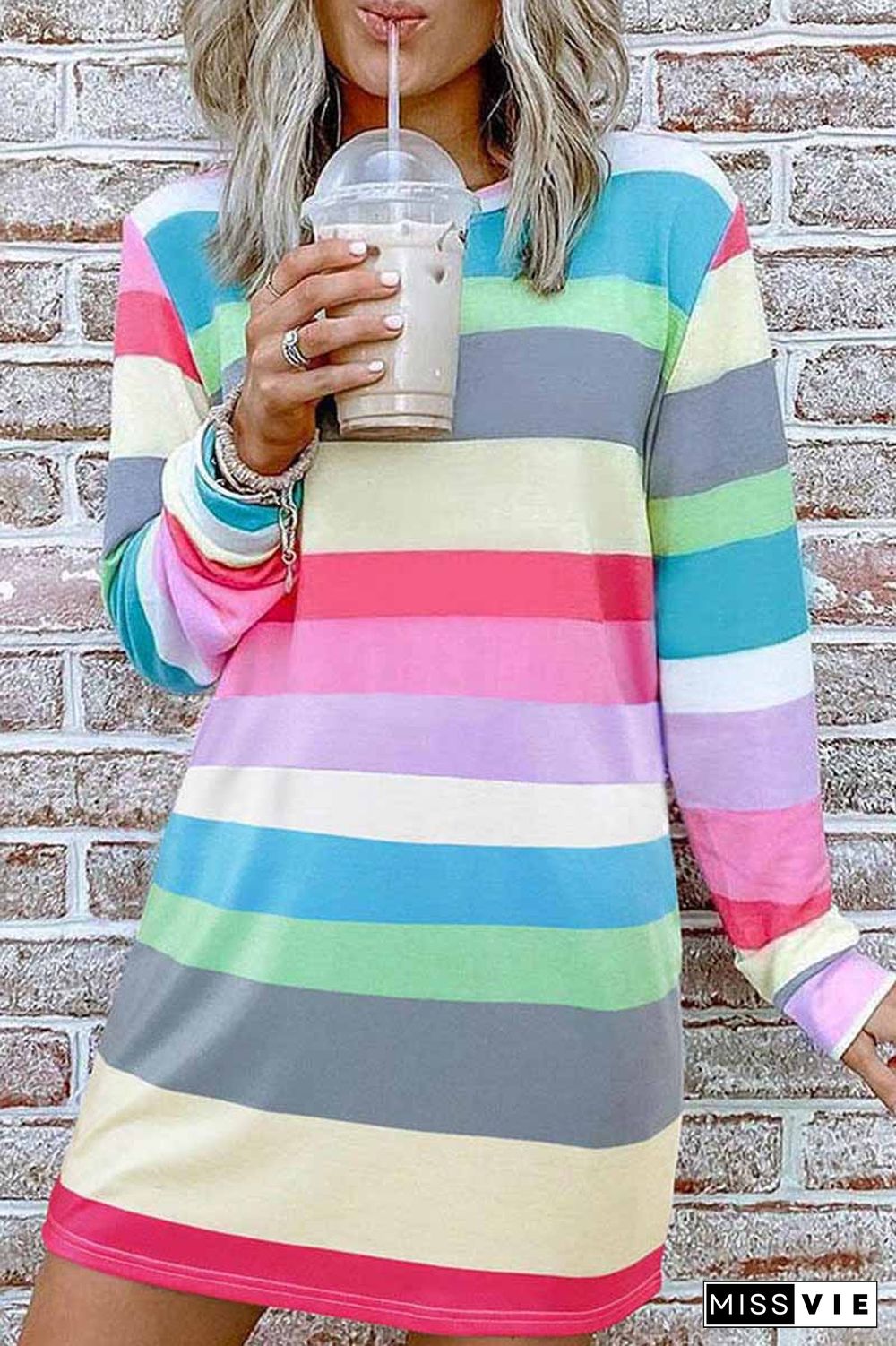 Rainbow Long Sleeve Stripes Mini Dresses